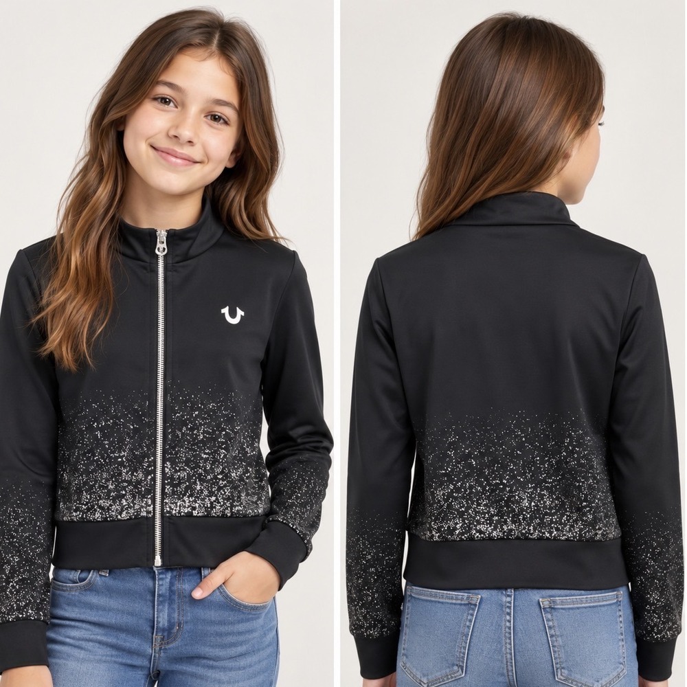 True Religion Girls Black Silver Ombre Foil Splatter Track Jacket Mock Neck M/M - Picture 3 of 3